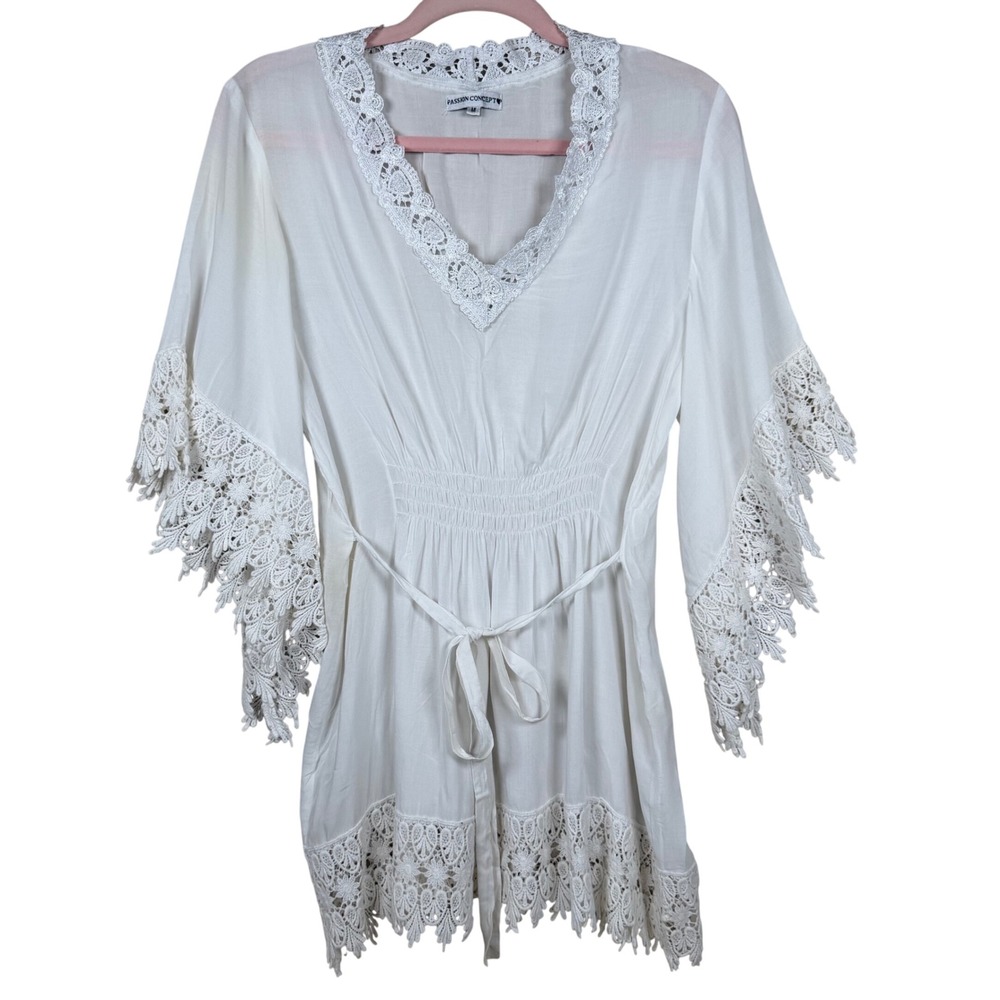 Passion Concept White Crochet Lace Trim Smocked Waist Bell Sleeve Tunic Top M‎